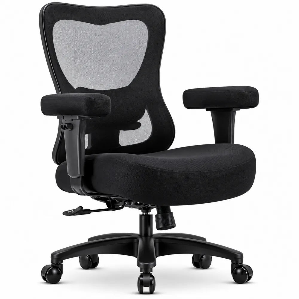 Silla de oficina con respaldo de malla y asiento de tela negra