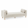 Banco tapizado en tela beige con patas de madera