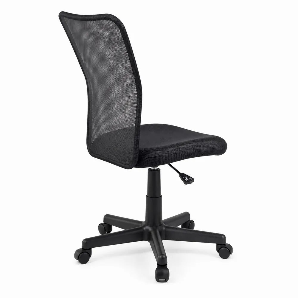 Silla de oficina giratoria negra con respaldo de malla y base de nailon