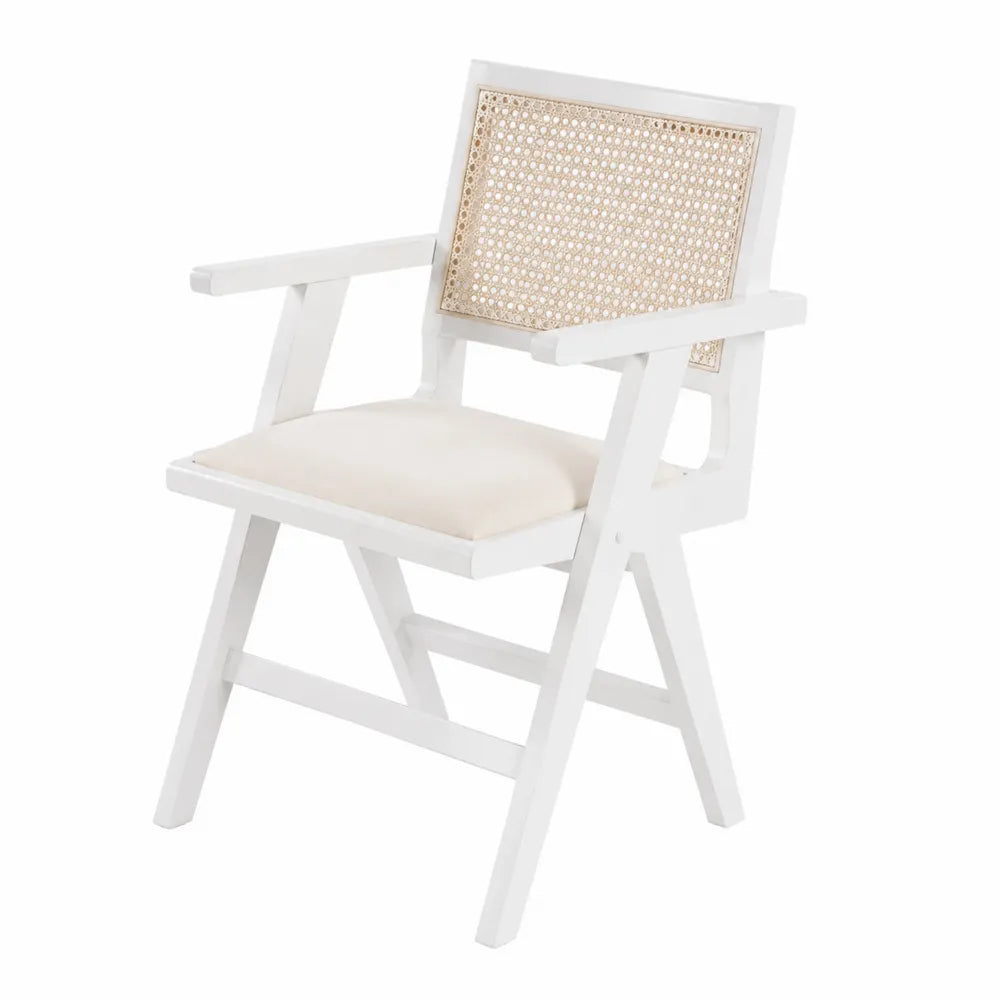 Silla plegable de madera con respaldo de rejilla y asiento de tela