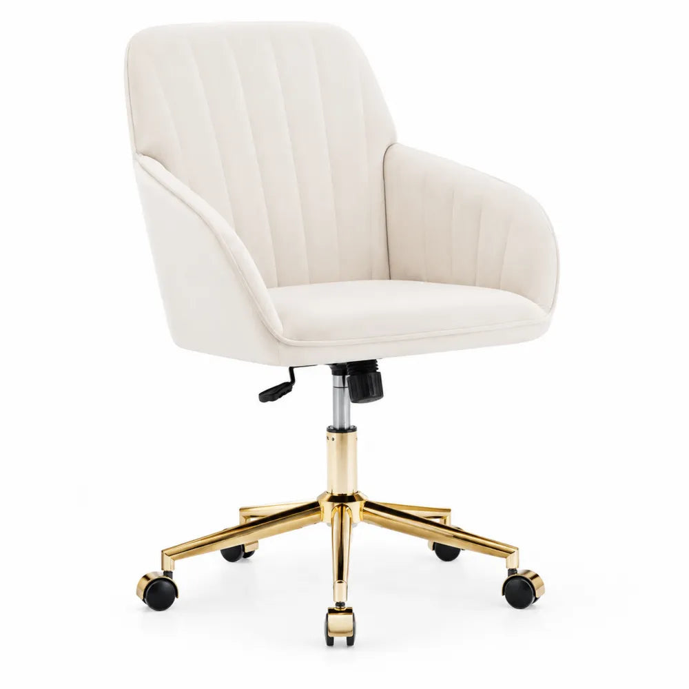 Silla de oficina de terciopelo beige con base de acero dorado